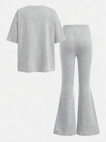 青少年女孩休闲日常灰色针织字母刺绣 T 恤和喇叭裤套装，秋季服装，返校灰色服装 - 灰色 - 查看 8