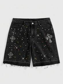 ROMWE MEN Goth Men's Summer Rhinestone Street Distressed Cross Pattern Raw Edge Loose Denim Shorts - Black - View 1