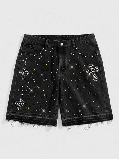 Goth Short en jean décontracté d'été pour hommes, style street avec motif croisé déchiré et bord brut, coupe ample