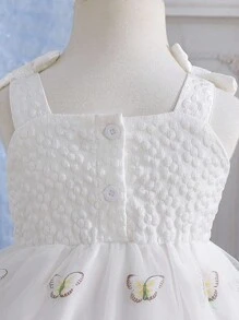 女婴优雅白色纹理面料上衣拼接 3D 蝴蝶结网眼荷叶边下摆蝴蝶结吊带连衣裙，夏季 - 白色 - 查看 3