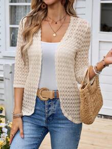 EMERY ROSE Women's Solid Color 3/4 Sleeve Open Front Casual Regular Jacket Crochet Cardigan Women Knitted Cardigan For Women Summer Cardigan For Women Thin Cardigan Knitted Tops For Women In Fall/Winter - Apricot - View 7