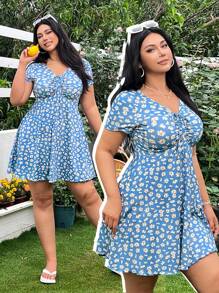 SHEIN EZwear Plus Size Blue Ditsy Floral Dress, Fashionable For Summer - Multicolor - View 4