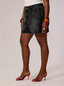 MUSERA 大码长款水洗牛仔短裤 街头风格，假日，度假，夏季，沙滩，性感，可爱 - 黑色 - 查看 4