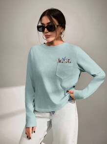 EURMUSE Women T-Shirt With Flower Embroidery, Round Collar, Pocket Details - Mint Green - View 5