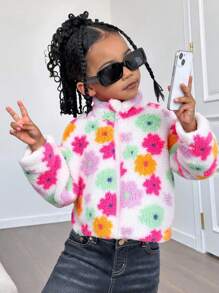 SHEIN Young Girl Colorful Flower Pattern Stand Collar Long Sleeve Zip Up Mock Neck Thermal Teddy Jacket , Fleece Cardigan ,Warm & Comfortable ,Great For Casual & Daily Wear & School Daily In Autumn & Winter,For Christmas