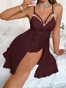 SHEIN 女式透明网眼拼布蕾丝性感内衣连体裤 - 紫紅色 - 查看 3