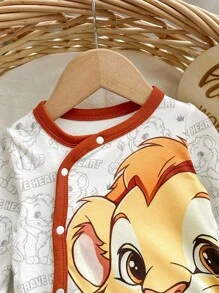 2 件装新生儿男孩可爱狮子卡通印花圆领斜襟连身裤和帽子套装，柔软舒适睡衣 - 米色 - 查看 4