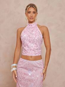 Lumalex 秋季节日派对背心，狂欢节郊游游泳度假优雅复活节波西米亚风海滩热户外丰富层次婚礼季节宴会成人仪式海滩海滨女士亮片拼布露背短款背心粉色亮片粉色派对背心 - 粉色 - 查看 7