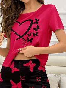 SHEIN 1 pièce Top de pyjama décontracté à manches courtes avec imprimé papillon et cœur pour femme