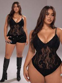 Rustia Plus Size Women Sexy Sheer Lace Back Cutout Slim Fit Bodysuit For Summer - Black - View 2
