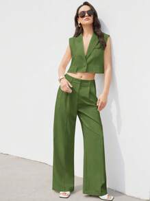 Aveloria Modichic Conjunto de traje de mujer con pantalón largo suelto y plisado, con bolsillo sin mangas y dobladillo asimétrico, elegante y versátil, diseño minimalista