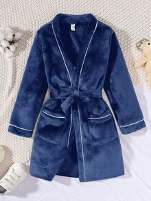 SHEIN ملابس منزلية محبوكة مبطنة بالحرارة ذات لون أحادي للفتيان المراهقين - أزرق بحري - مشاهدة 5