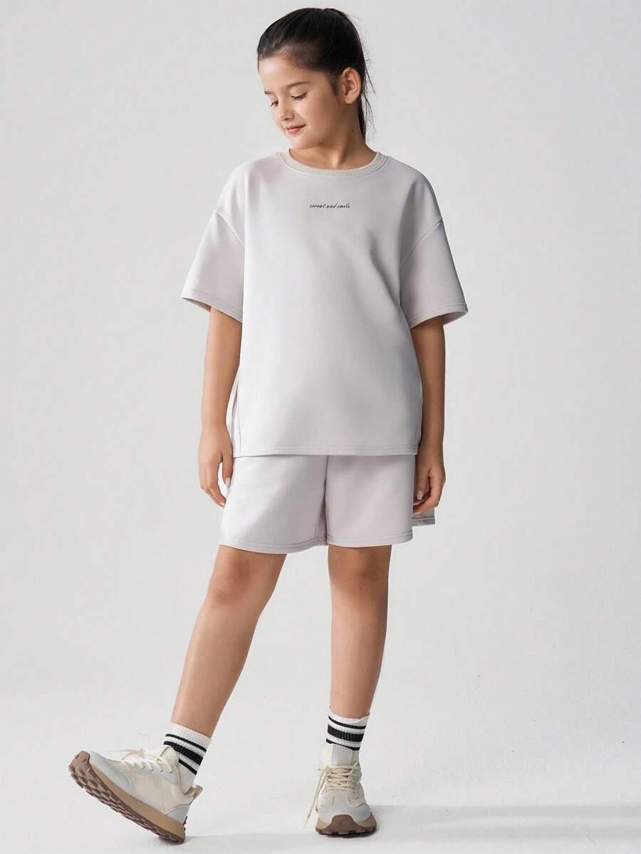 JNSQ Back To School Casual Outdoor T-Shirt & Shorts Set, Tween Girl Round Neck Funny Letter Print Pattern Loose Fit T-Shirt Hoodie & Shorts Set - Grey - View 1