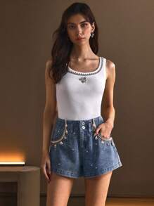 SHEIN Frenchy Quần short denim ống rộng dáng rộng đính đá lấp lánh cho nữ - Màu xanh lam - Xem 3