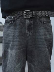 Manfinity EMRG Męskie jeansy retro z haftem w kolorze czarnym, luźne, z szerokimi nogawkami