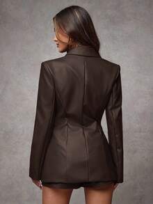 SHEIN BAE Women's Vintage Burgundy Cinched Waist Faux Leather PU Blazer Jacket, Suitable For Office - Chocolate Brown - View 5
