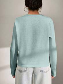 EURMUSE Women T-Shirt With Flower Embroidery, Round Collar, Pocket Details - Mint Green - View 2
