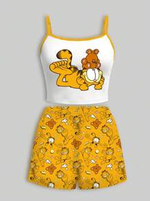 GARFIELD | SHEIN Women's Camisole Top & Shorts Pajama Set, Yellow Contrast, White Top, Homewear, Cartoon Pattern, Cute Pattern, Cute Pajama Set, Graphic Pajama Set, Back To School, Y2K, Casual - Yellow - View 1