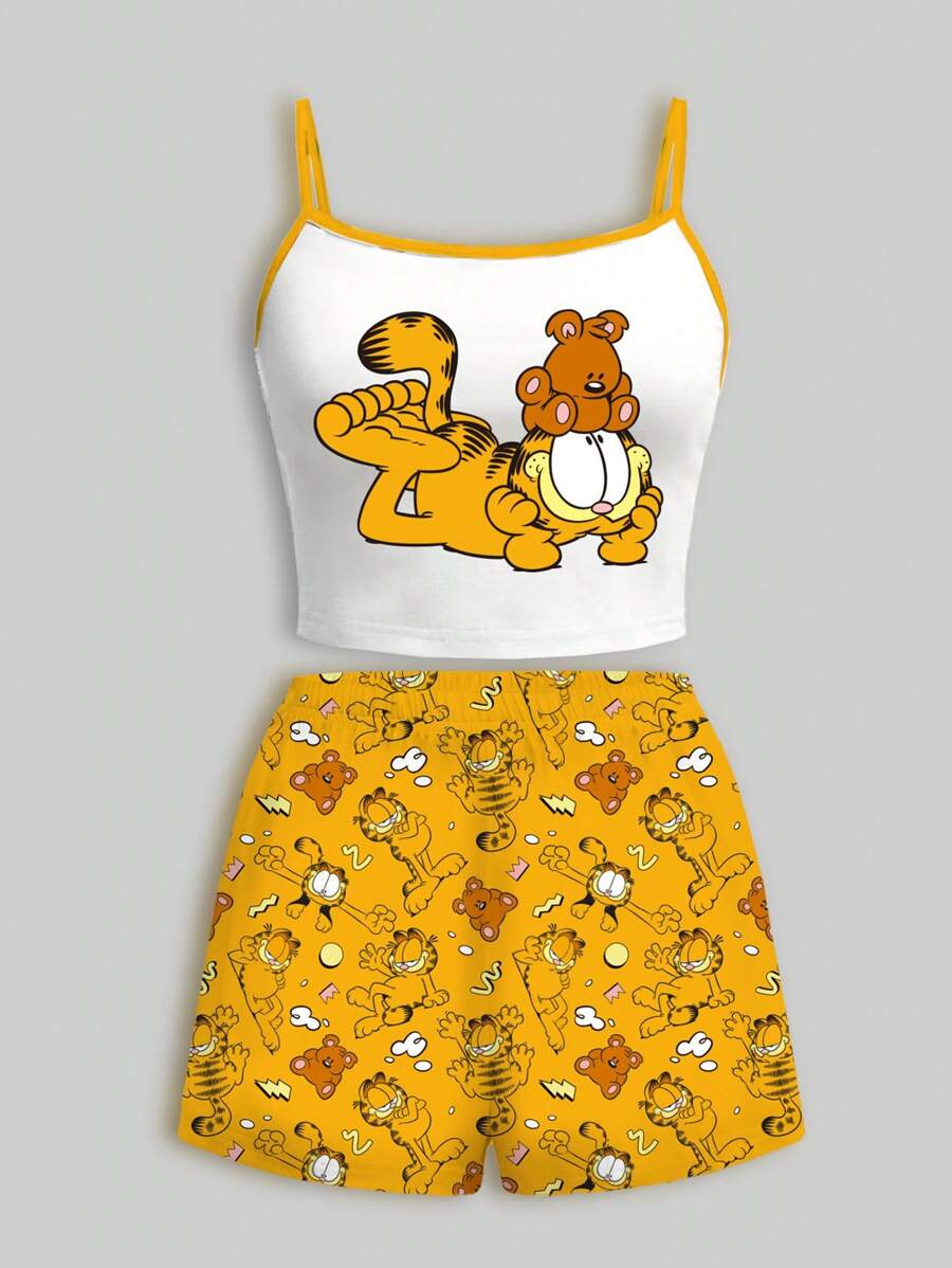 GARFIELD | SHEIN Women's Camisole Top & Shorts Pajama Set, Yellow Contrast, White Top, Homewear, Cartoon Pattern, Cute Pattern, Cute Pajama Set, Graphic Pajama Set, Back To School, Y2K, Casual - Yellow - View 1