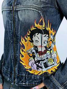 Betty Boop | ROMWE Chaqueta y abrigo de mujer retro desgastado de estilo vintage para motero, columpio Betty - Azul - Ver 8
