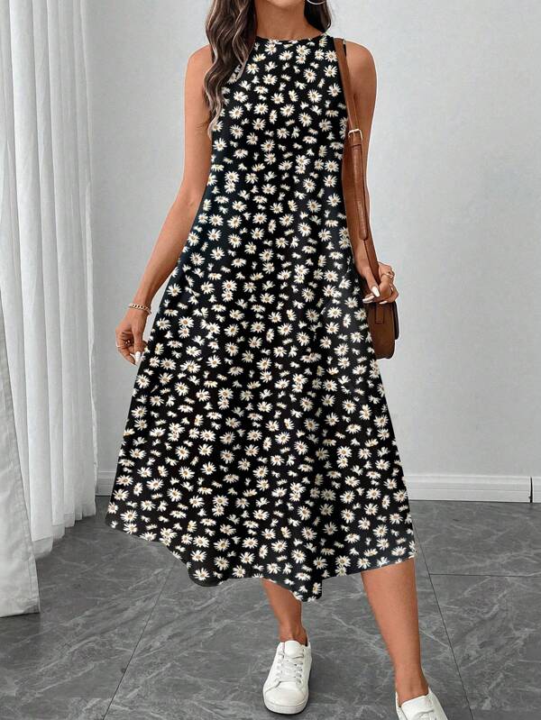 SHEIN LUNE Women Casual Daisy Print Mid-Length Dress, Suitable For Spring & Summer