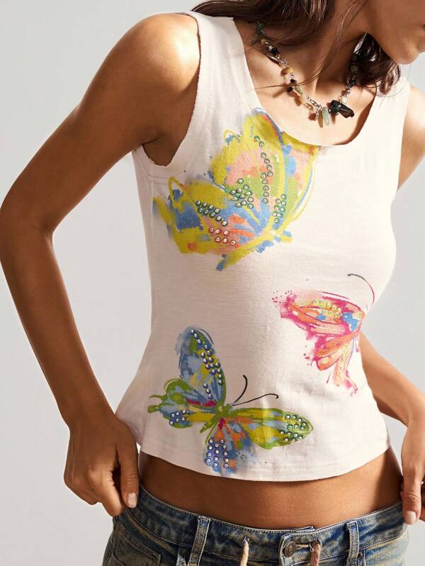 Bohemela Boho Casual Vacation Style Butterfly Pattern Rhinestone Plain Knit Slim Fit Tank Top For Women