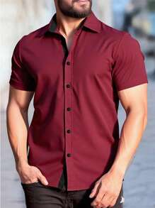 Manfinity Mode Men's Solid Color Button-Up Short Sleeve Formal Work Shirt - Burgundy - View 3