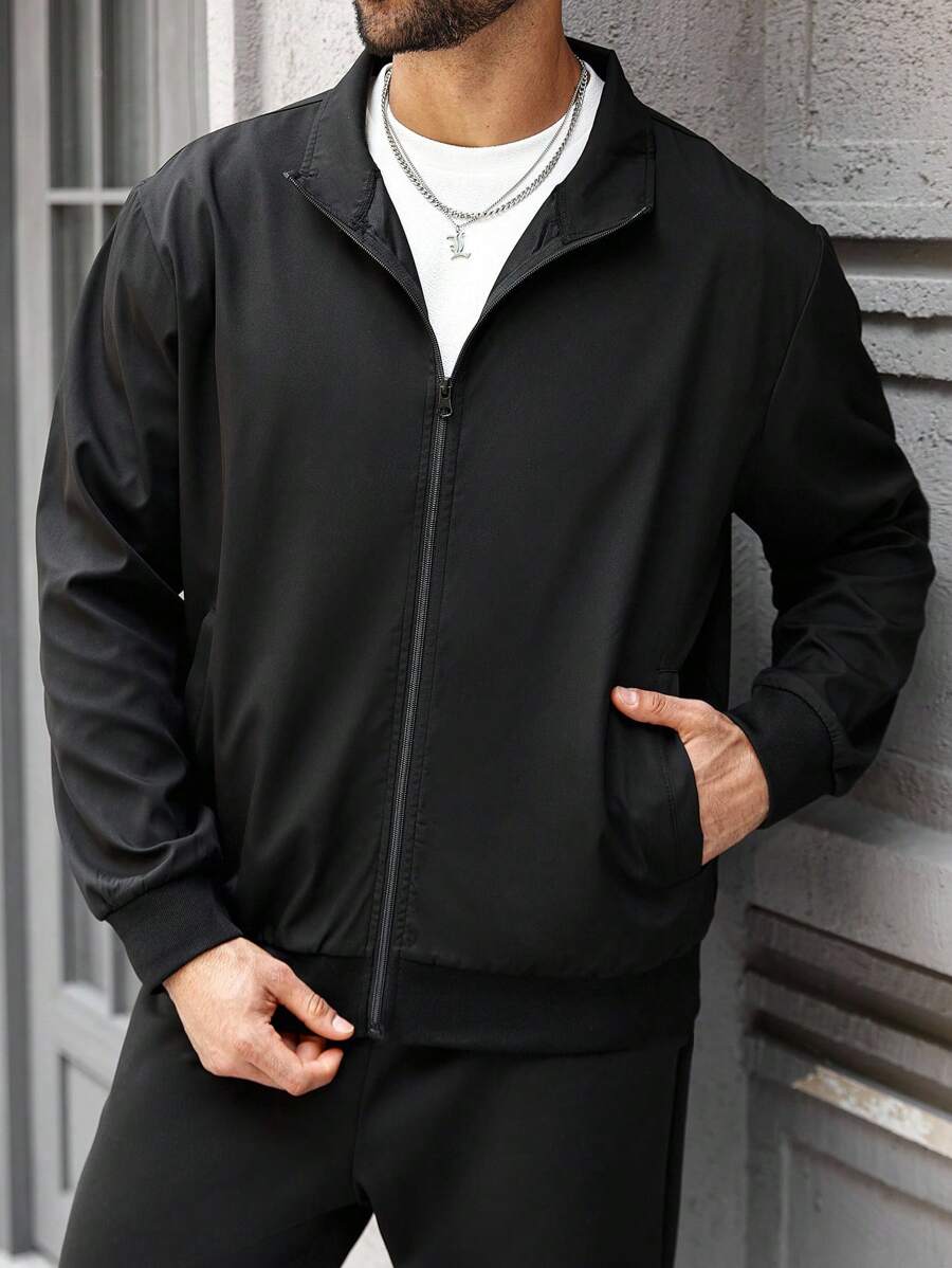 Manfinity Homme 大码男士休闲纯色户外风衣夹克，男士拉链夹克，男士黑色拉链夹克，男士黑色夹克，秋季 - 黑色 - 查看 1