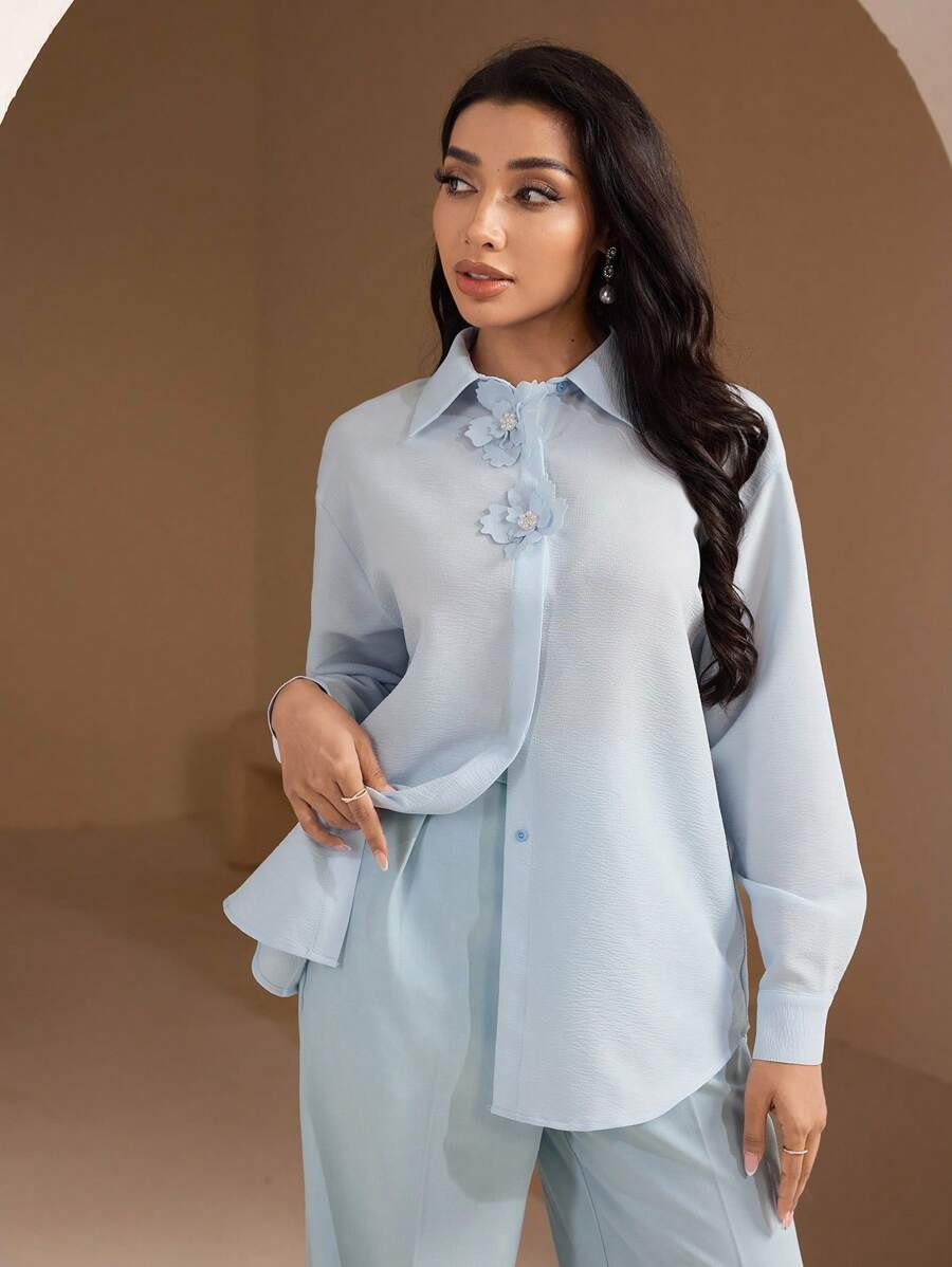 Veilorie 女式花卉装饰落肩长袖单排扣优雅衬衫 - 藍色 - 查看 1