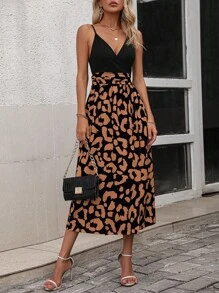 Chiquease 豹纹开衩吊带长裙女装夏季连衣裙美拉德风格夏季棕色大学服装