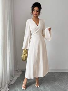 Elenzga Women's Long Flared Sleeve Split Design Apricot Dress Fall Cloth For Women - Apricot - View 6