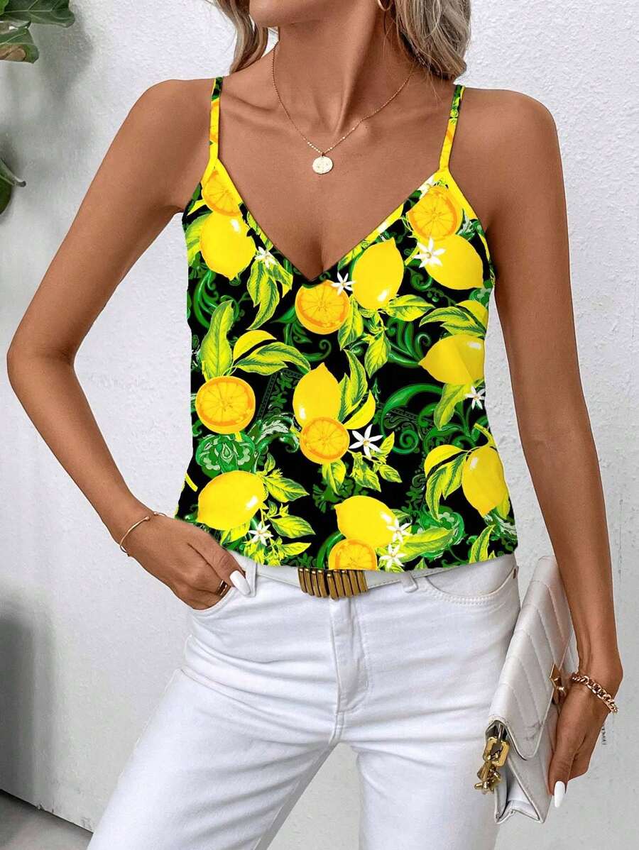 SHEIN Clasi Casual Lemon Floral Print Cami Top For Women, Summer Suitable For Going Out, Halter Top - Multicolor - View 1