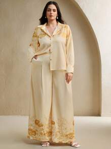 Anewsta 女士优雅日常休闲装，宽松黄色印花长袖开襟衬衫和阔腿裤套装，适合婚礼派对 - 黃色 - 查看 1