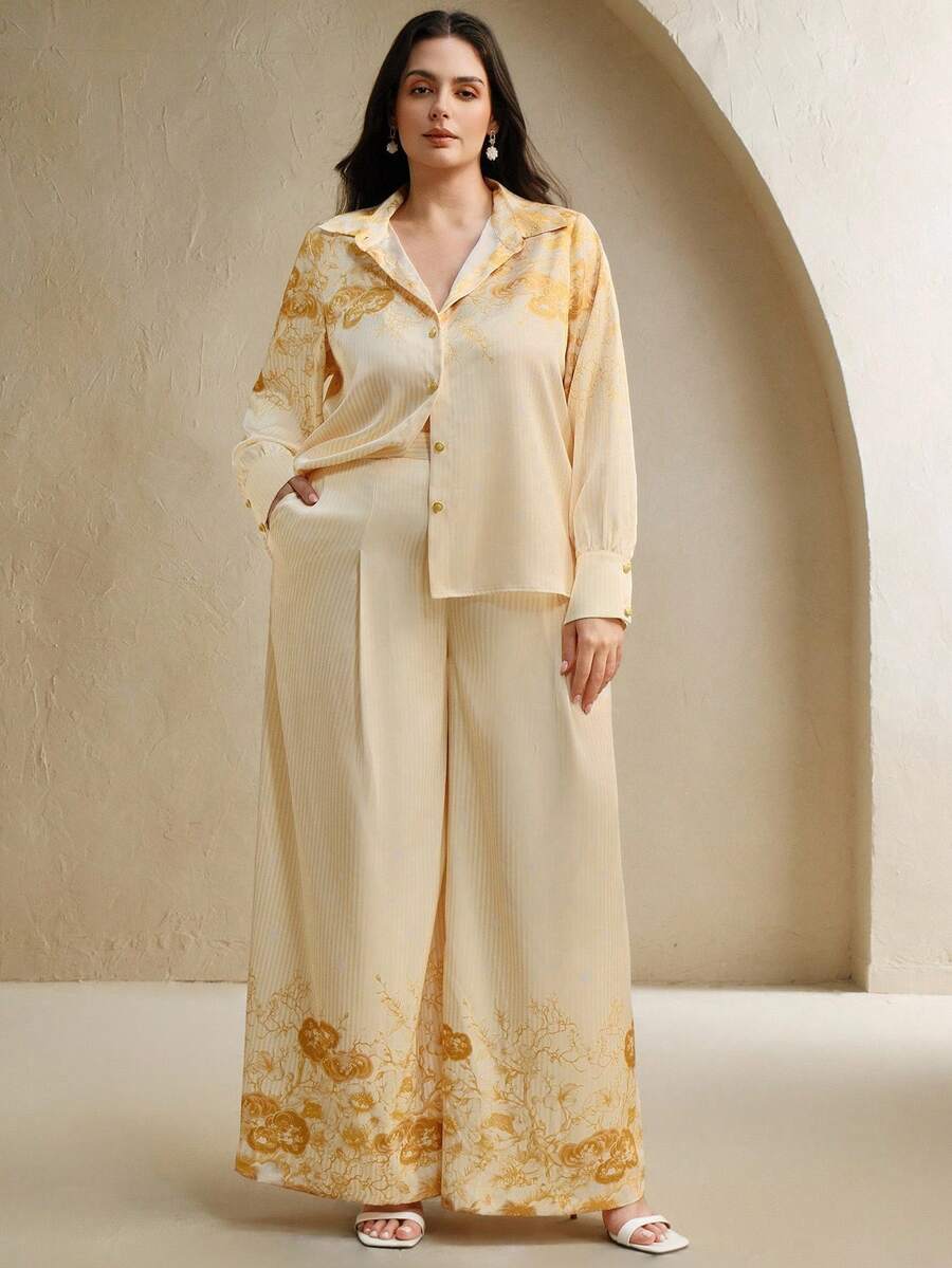 Anewsta 女士优雅日常休闲装，宽松黄色印花长袖开襟衬衫和阔腿裤套装，适合婚礼派对 - 黃色 - 查看 1
