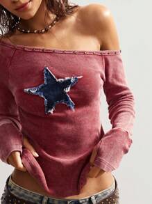 Bohemela Boho Vintage American Casual Star Pattern Knit Oblique Shoulder Slim Fit Washed Women T-Shirt - Red - View 2