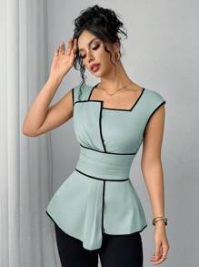 SHEIN Clasi 女士优雅撞色边不对称衬衫，夏季 - 淺藍色 - 查看 5