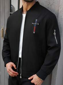 Manfinity Homme 男士加大码街头休闲通勤百搭拉链长袖夹克，黑色图案夹克，秋季 - 黑色 - 查看 4