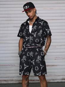 AXEPEAK Herren Set aus Hemd mit Ochsenmuster und Shorts - Schwarz - Übersicht 1
