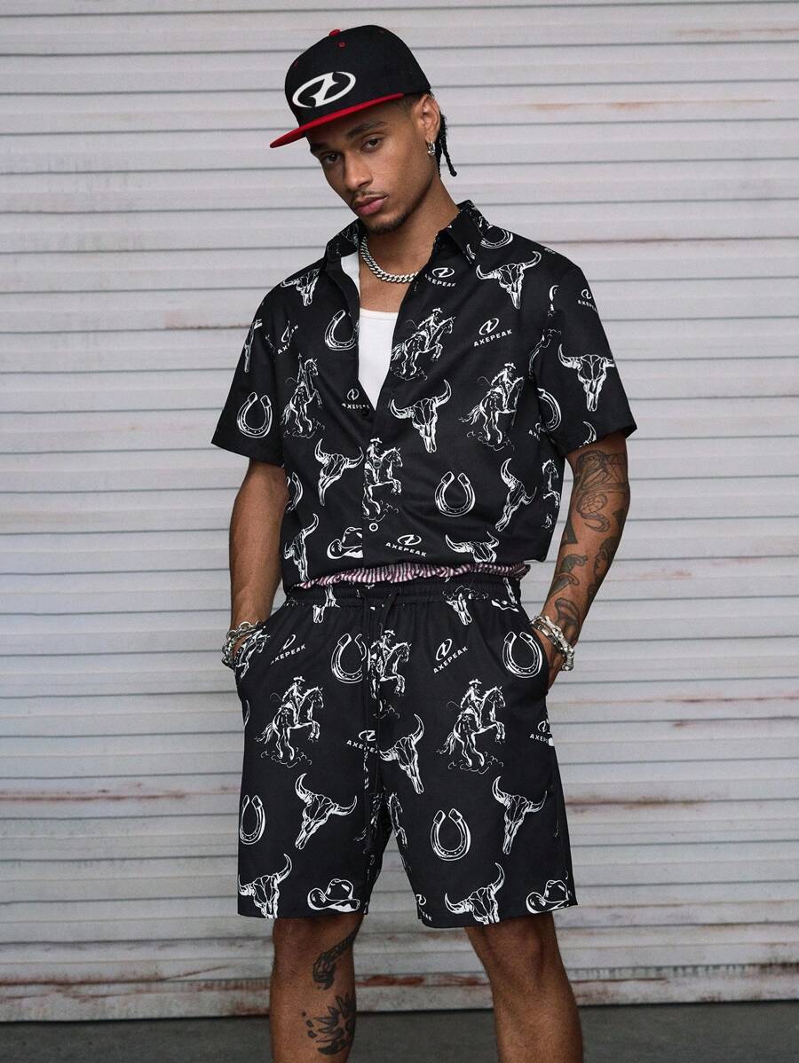 AXEPEAK Herren Set aus Hemd mit Ochsenmuster und Shorts - Schwarz - Übersicht 1