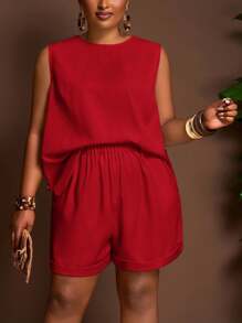 Slaydiva 2025 新款大码女式纯色圆领宽松无袖上衣和短裤休闲套装红色两件套女士短裤套装女士红色休闲连体短裤套装 - 紅色 - 查看 7
