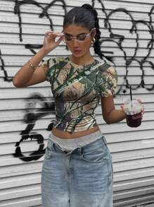 Muchica 复古街头风格迷彩全印花紧身短袖T恤女款夏季 - 白色 - 查看 4