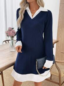 EMERY ROSE 女式夏季休闲条纹圆领连衣裙 - 藍白色 - 查看 3