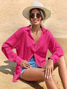 EURMUSE Camisa de manga larga holgada de unicolor con hombros caídos, estilo minimalista y casual de vacaciones para mujer - Rosa Fucsia - Ver 6