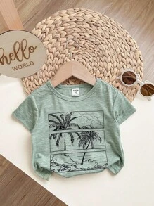 Baby Boy Cartoon Coconut Tree Pattern Knitted Soft Round Neck Short Sleeved Top - Green - View 4