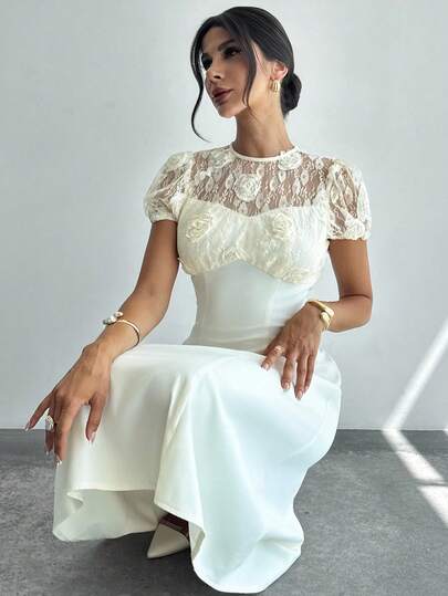 Firerie Women's Elegant Delicate Romantic Dignified Daily Vacation Ball Party Date Mesh Patchwork Sheer Short Sleeve High Waist A-Line Midi Dress, Champagne Color