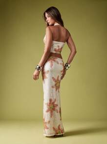 MISSGUIDED Floral Sequin Two Piece Festival Evening Party Halter Top Maxi Skirt Formal Celebration Holiday Event Co-Ord Set - Khaki - View 2