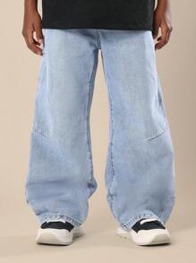 SUMWON 阔腿木匠牛仔裤男童青年轻便牛仔裤实用直筒撞色缝线溜冰宽松休闲时尚工作服风格秋冬 - 中等水洗藍 - 查看 4