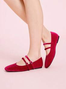 CUCCOO DOLLMOD New Arrival Women Flats With Rhinestone Dual Buckle Chic Ballerina Style Shoes, Red - Red - View 3