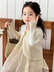 SHEIN Little Byeori 女童休闲3D立体花朵针织开衫，适合秋冬季穿着。 - 白色 - 查看 2