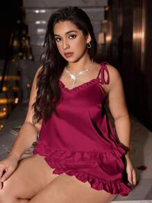 SilkySpell 加大码性感缎面荷叶边吊带背心和短裤睡衣套装，优雅舒适的睡衣 - 酒紅色 - 查看 4